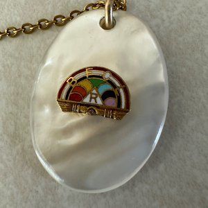 BFCL vintage iridescent mother of pearl rainbow enamel pendant necklce